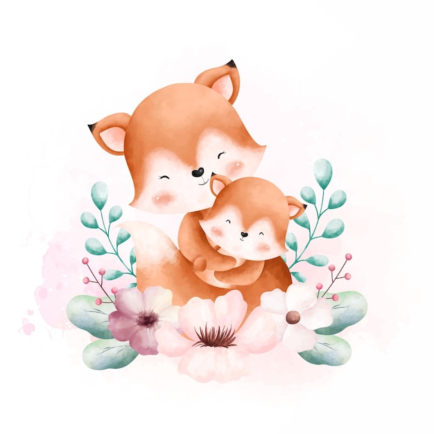 Ilustración acuarela Linda mamá y bebé zorro con corona de flores