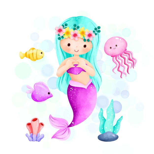 Ilustración acuarela linda sirena y animales marinos