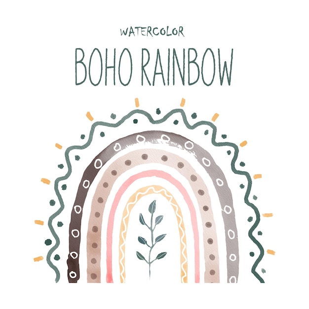 Ilustración de acuarela con lindo arco iris boho