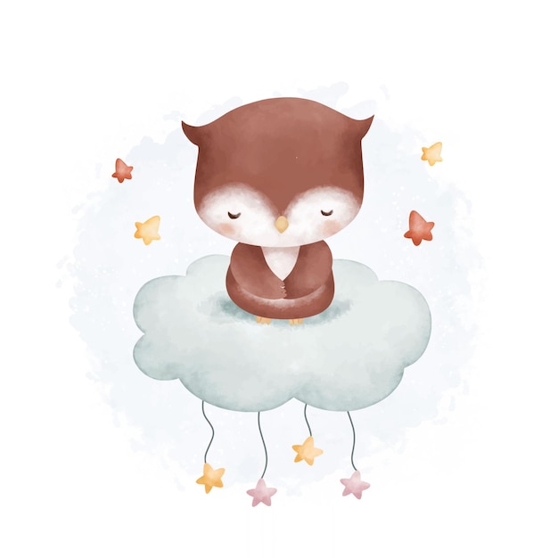 Ilustración acuarela lindo bebé búho duerme en nubes y estrellas