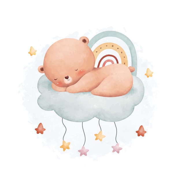 Ilustración acuarela lindo bebé oso duerme en la nube con arco iris y estrellas