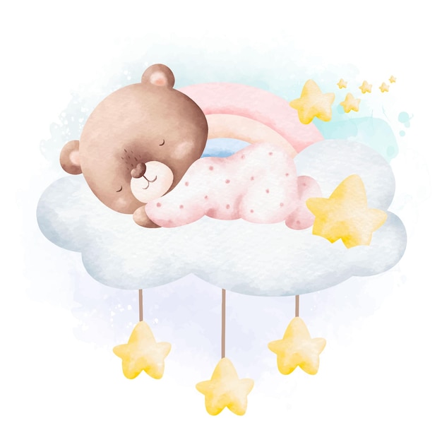 Ilustración acuarela lindo bebé oso de peluche durmiendo en la nube