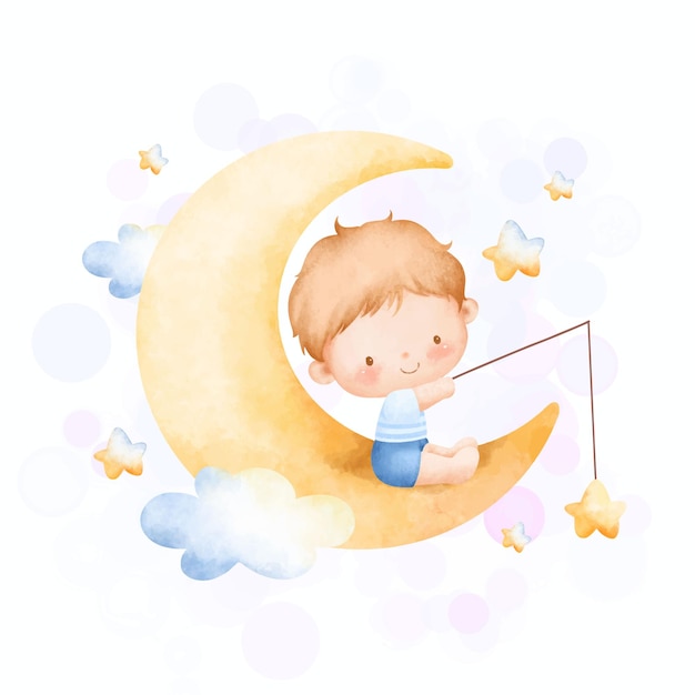 Vector ilustración acuarela lindo bebé se sienta en la luna