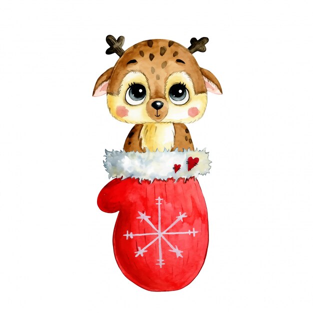 Ilustración acuarela de un lindo ciervo de Navidad de dibujos animados en una manopla roja con copo de nieve aislado.