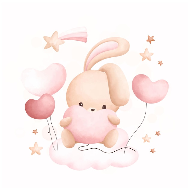 Ilustración acuarela Lindo conejo y globos en la nube