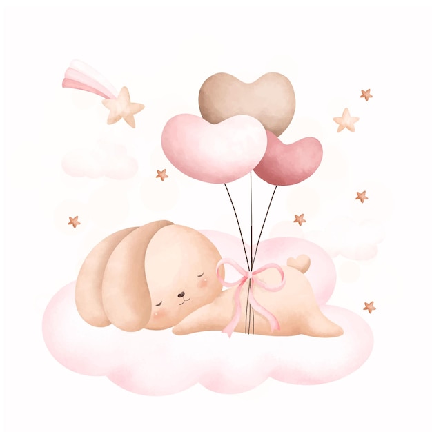 Ilustración acuarela lindo conejo y globos en la nube