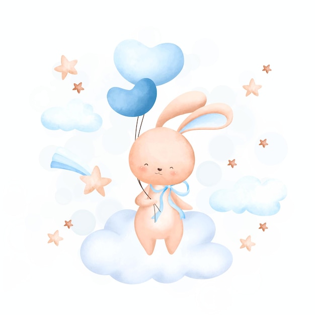 Vector ilustración acuarela lindo conejo y globos en la nube