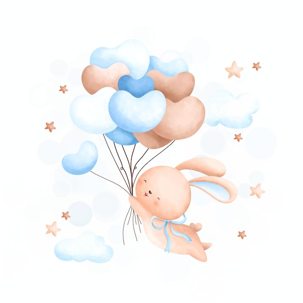 Ilustración acuarela lindo conejo y globos en la nube