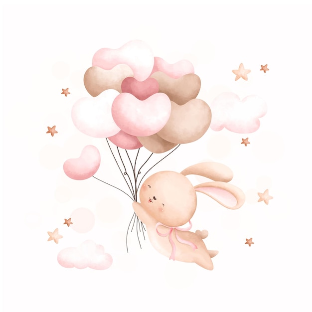 Ilustración acuarela Lindo conejo y globos en la nube