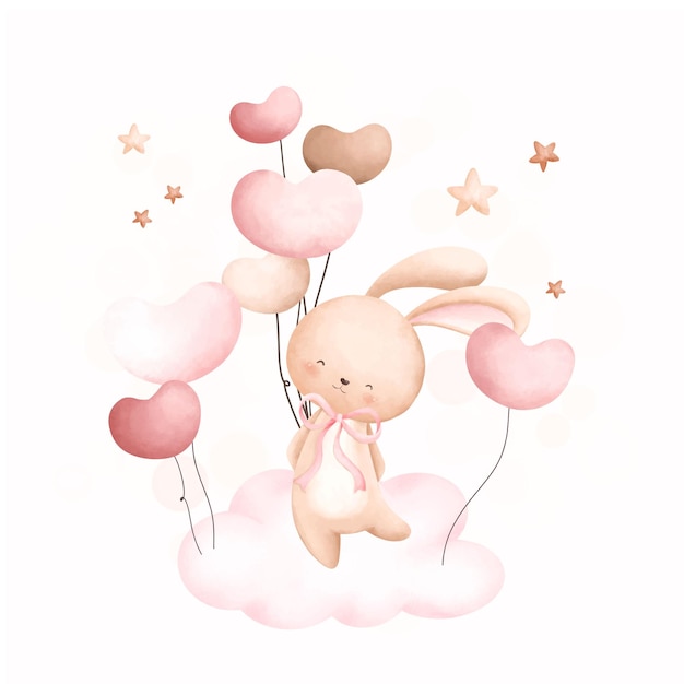 Ilustración acuarela lindo conejo y globos en la nube