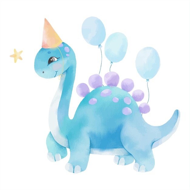 Ilustración acuarela con lindo dinosaurio y globos