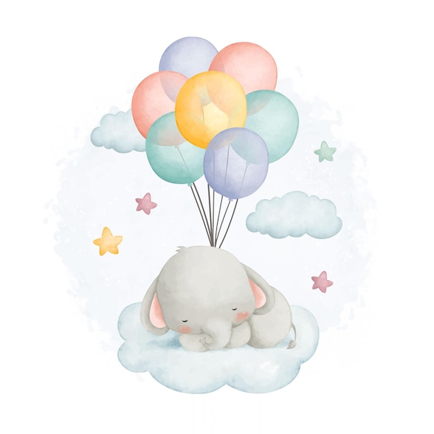 Ilustración acuarela lindo elefante duerme en la nube con estrellas y globos