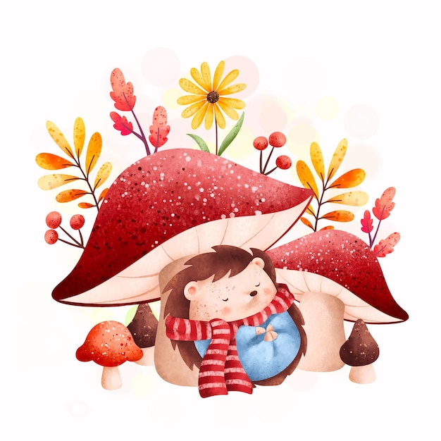 Ilustración acuarela lindo erizo durmiendo bajo setas y plantas y hojas de otoño