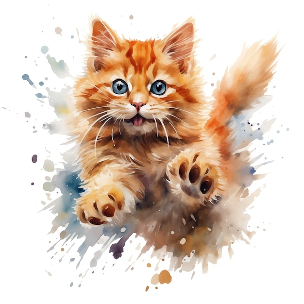 Una ilustración en acuarela de un lindo gato marrón saltando