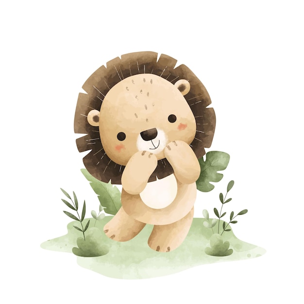 Ilustración en acuarela del lindo león bebé y las hojas tropicales