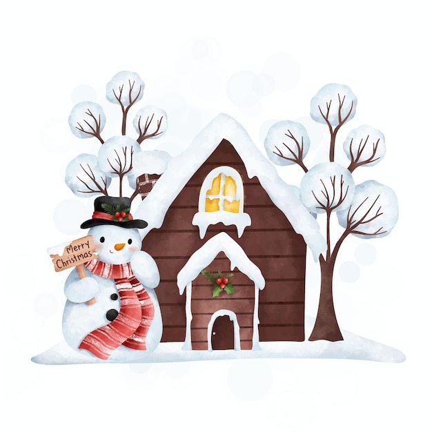 Ilustración acuarela lindo muñeco de nieve con casa de madera y árbol de nieve