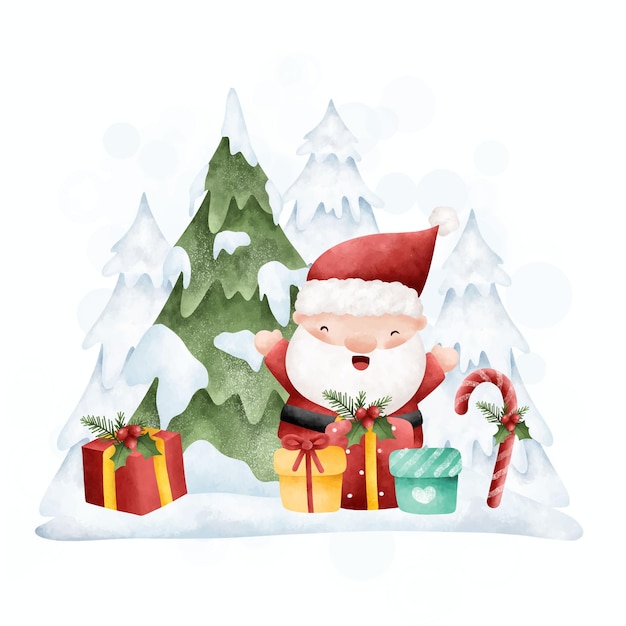 Ilustración acuarela lindo Papá Noel con árbol de Navidad y regalos