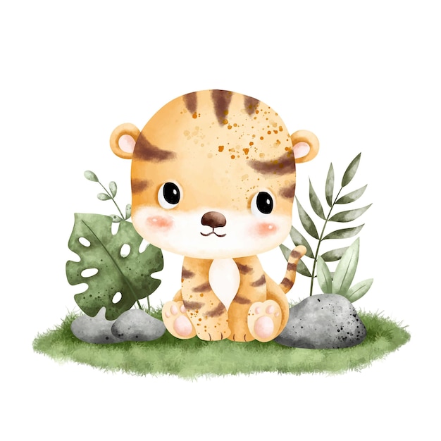 Ilustración acuarela de un lindo tigre bebé sentado en la hierba