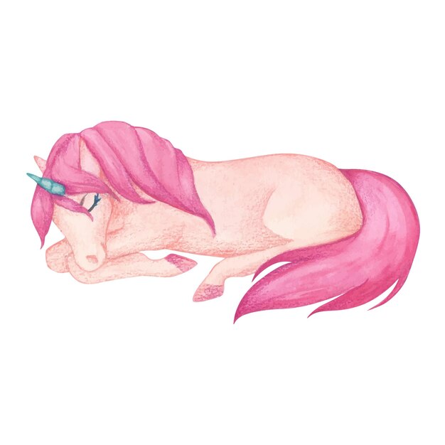 Vector ilustración en acuarela de un lindo unicornio durmiente en colores rosa y turquesa personaje de dibujos animados de cuento de hadas para decorar la habitación de los niños papel tapiz y cosas de los niños