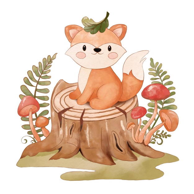 Ilustración acuarela lindo zorrito