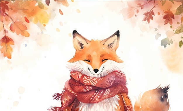 Ilustración en acuarela de un lindo zorro sobre un fondo de hojas de otoño