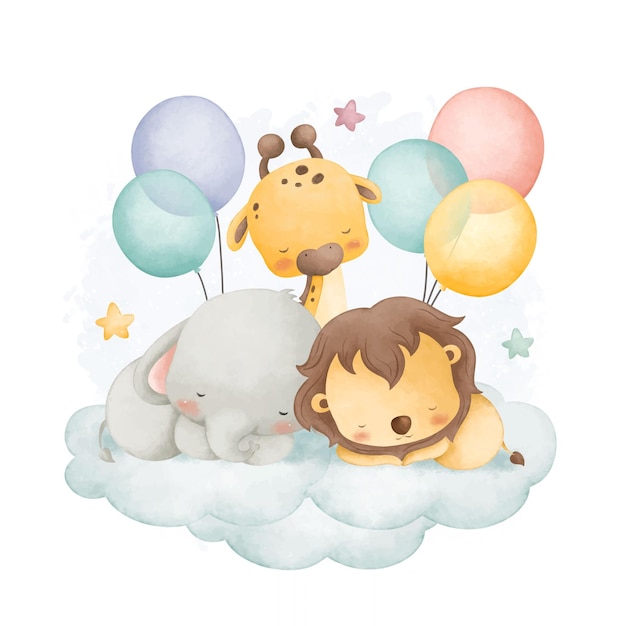 Ilustración acuarela lindos animales de safari duermen en la nube con estrellas y globos