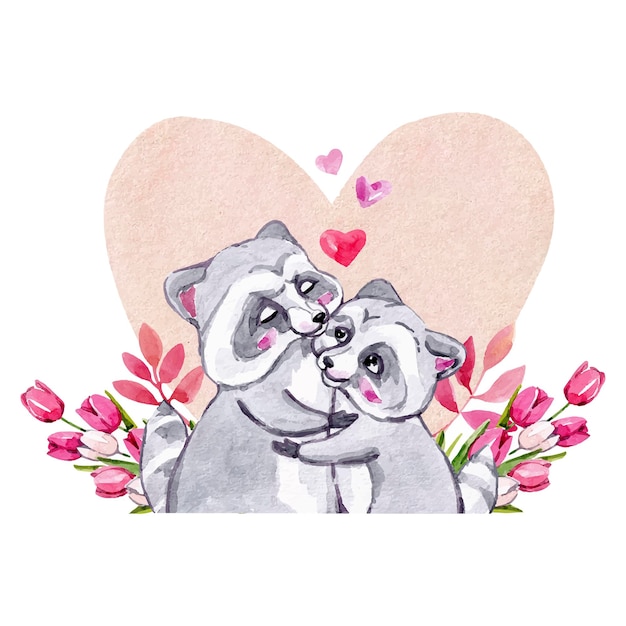 Ilustración acuarela de mapaches enamorados