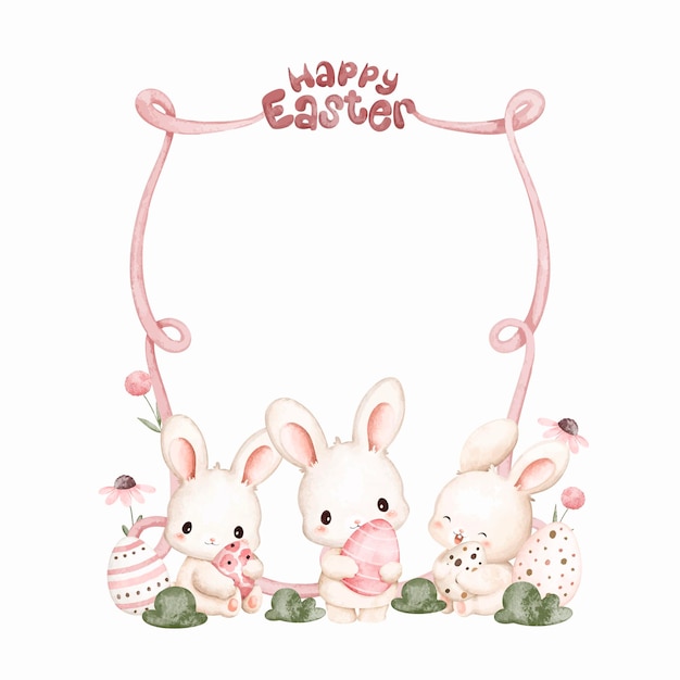 Ilustración de acuarela marco de cinta rosa con el signo de Feliz Pascua con el conejo de Pascua