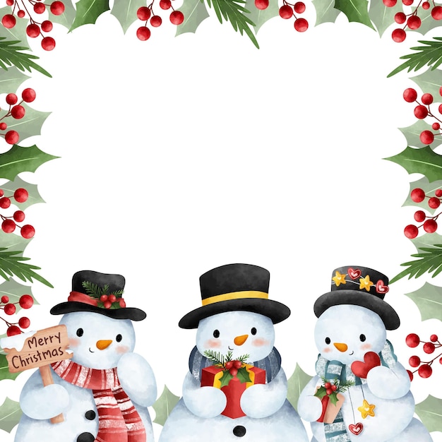 Ilustración acuarela marco de decoración navideña con muñeco de nieve
