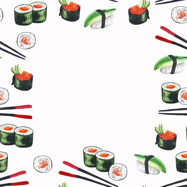 Ilustración de acuarela de marco de sushi de patrones sin fisuras para textil, tela, decoración dibujada a mano