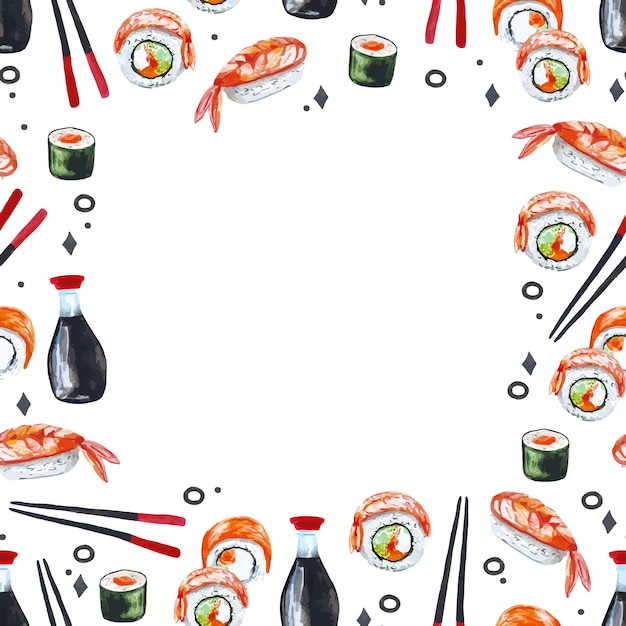 Ilustración de acuarela de marco de sushi de patrones sin fisuras para textil, tela, decoración, invitación