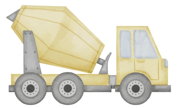 Ilustración de acuarela de mezclador de hormigón dibujada a mano del mezclador de cemento amarillo de juguete para bebés