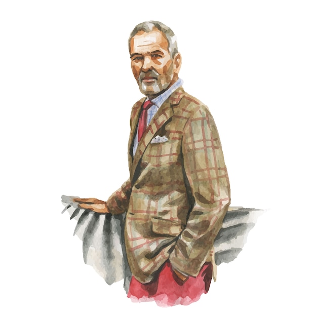 Ilustración acuarela de moda de hombre en traje casual de negocios con taza de café en la mano. Pintura dibujada a mano de traje elegante. Mirada de lujo