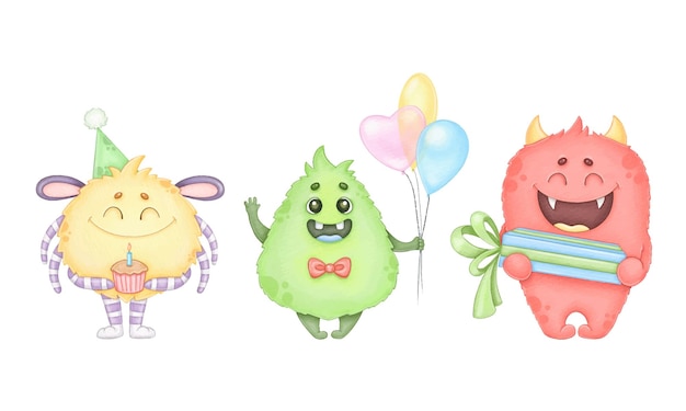 Ilustración acuarela de monstruos de cumpleaños