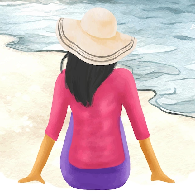 Ilustración en acuarela de una mujer en la playa
