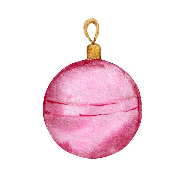 Ilustración de acuarela de Navidad, elementos de la ciudad de invierno, juguete de árbol de Navidad rosa redondo