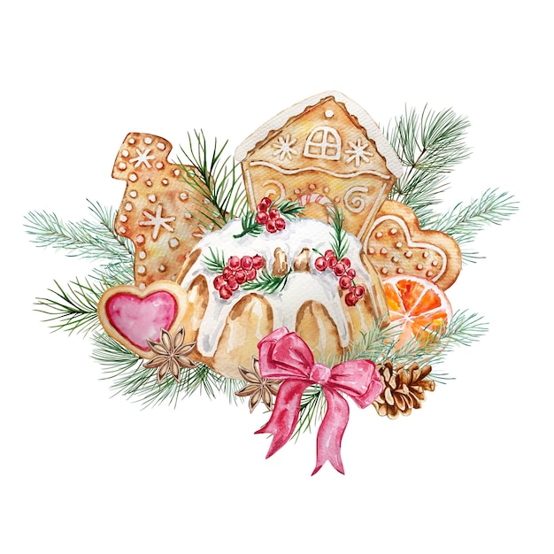Ilustración de acuarela de Navidad con pastel y pan de jengibre. Pastel pintado a mano, pan de jengibre, abeto y ramas de pino aisladas sobre fondo blanco. Tarjetas navideñas.