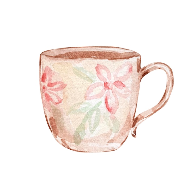 Ilustración acuarela de Navidad de taza beige con flores aisladas sobre fondo blanco.