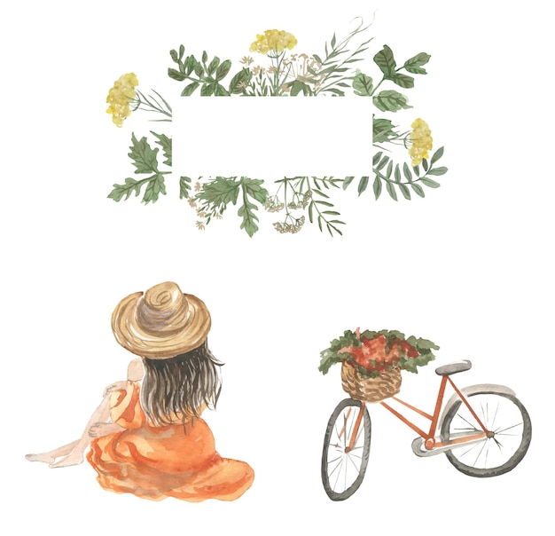 Ilustración acuarela de una niña sentada de espaldas, una bicicleta y un marco de flores silvestres