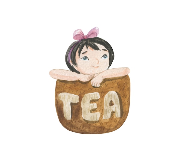 Ilustración acuarela de una niña en una taza de té