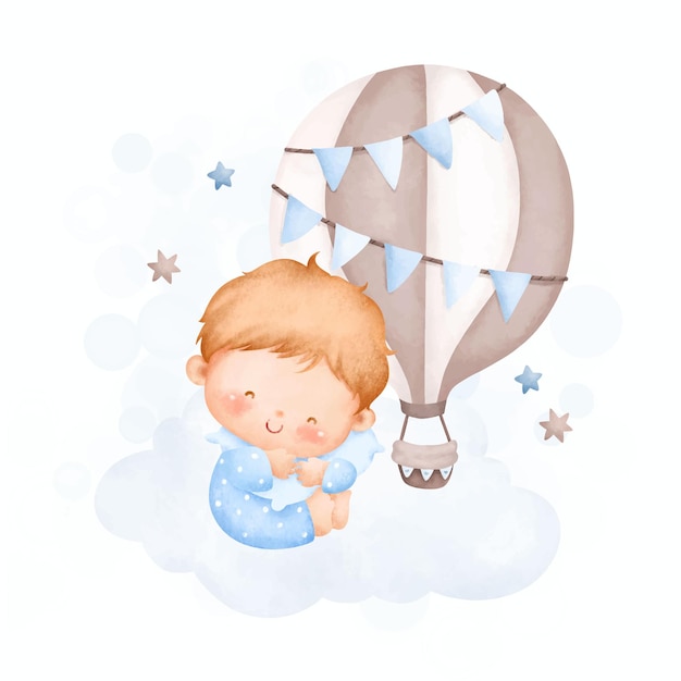 Ilustración acuarela niño sentado en la nube con globo aerostático azul y estrellas