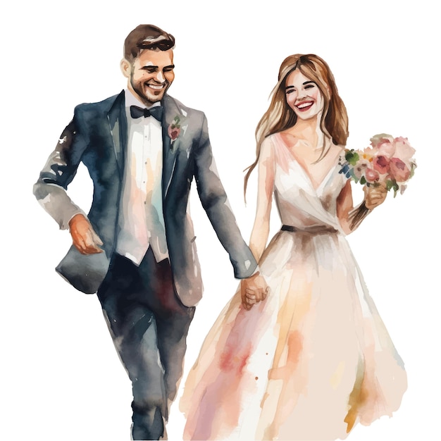 Ilustración acuarela de novios recién casados felices corriendo tomados de la mano