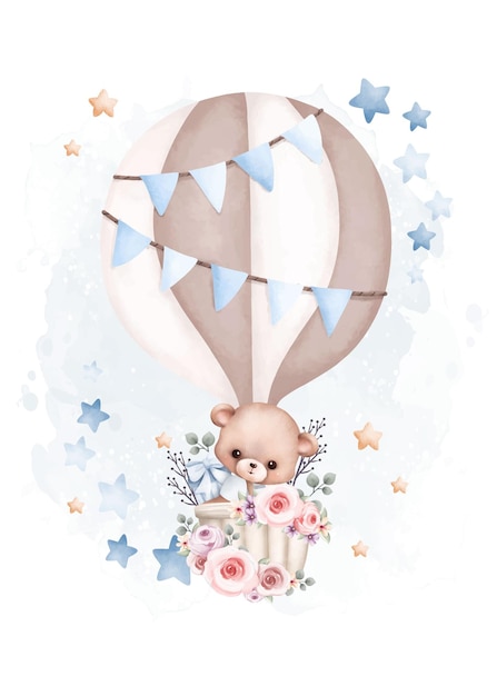 Ilustración acuarela Osito de peluche en globo aerostático con estrellas