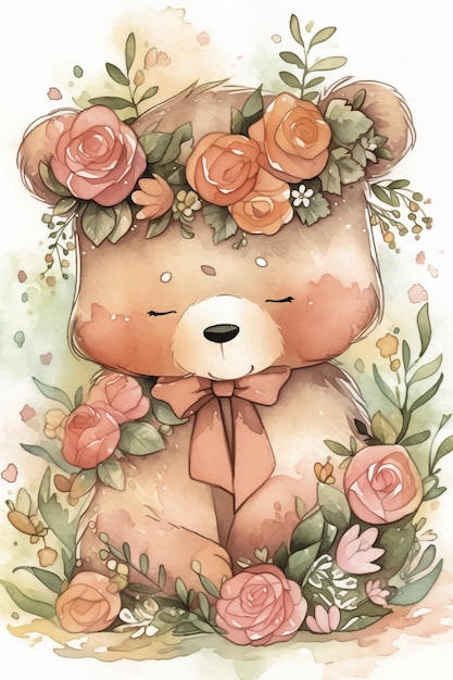 Una ilustración en acuarela de un oso de peluche con una corona de rosas