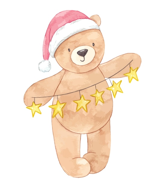 Vector ilustración acuarela de un oso de peluche con estrellas navideñas