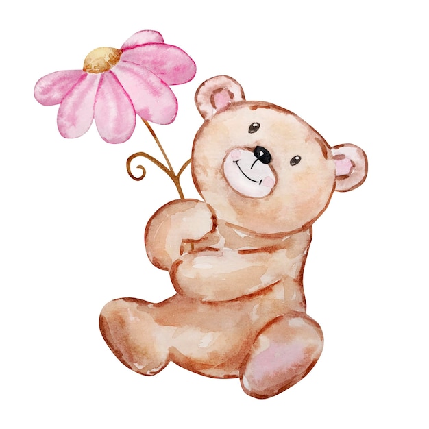Ilustración acuarela de oso de peluche con flor día de San Valentín