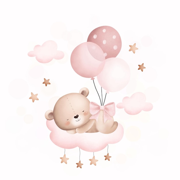 Ilustración de acuarela oso de peluche lindo duerme en la nube con globos