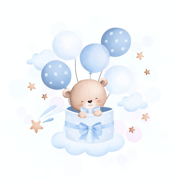 Ilustración de acuarela oso de peluche lindo en la nube con globos