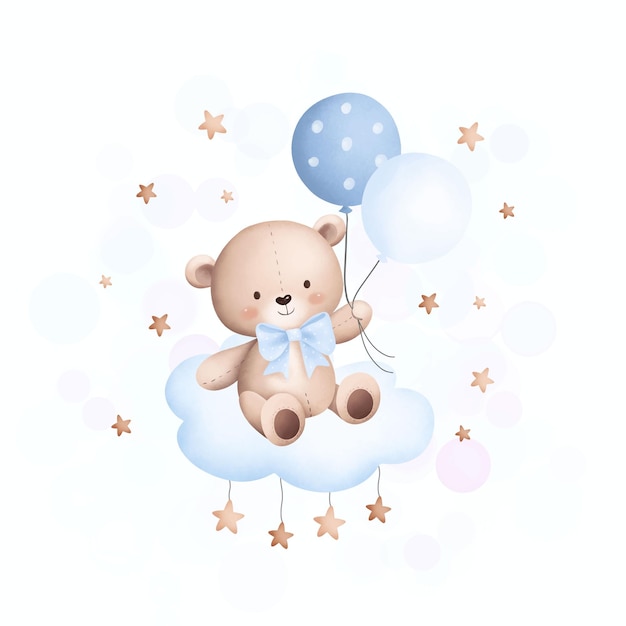 Ilustración de acuarela oso de peluche lindo se sienta en la nube con globos