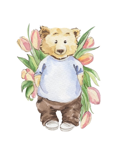 Ilustración acuarela de un oso de peluche con un suéter azul y una camisa que dice 'tulipanes'